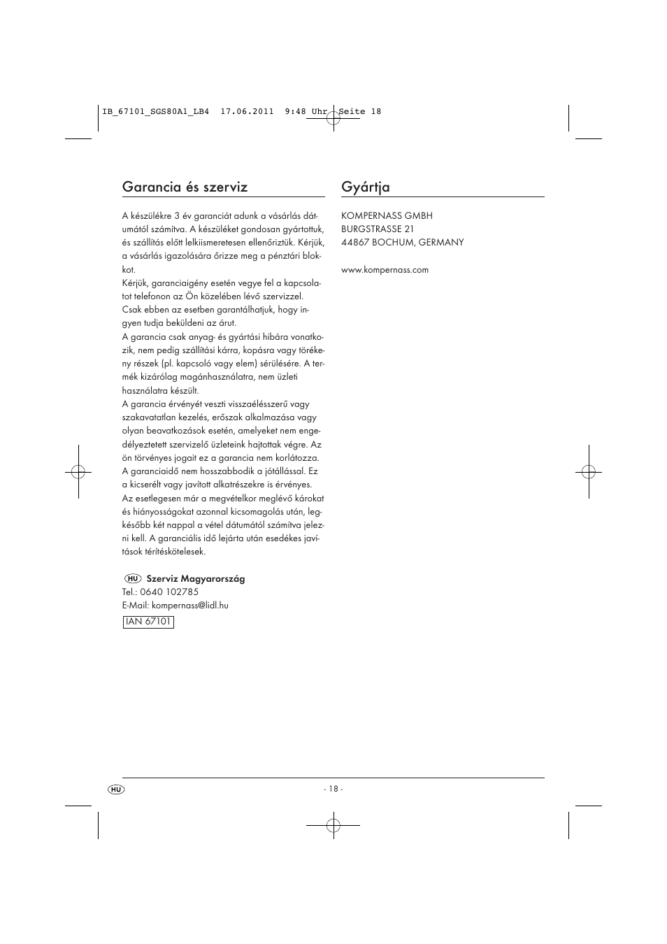 Garancia és szerviz, Gyártja | Silvercrest SGS 80 A1 User Manual | Page 20 / 44