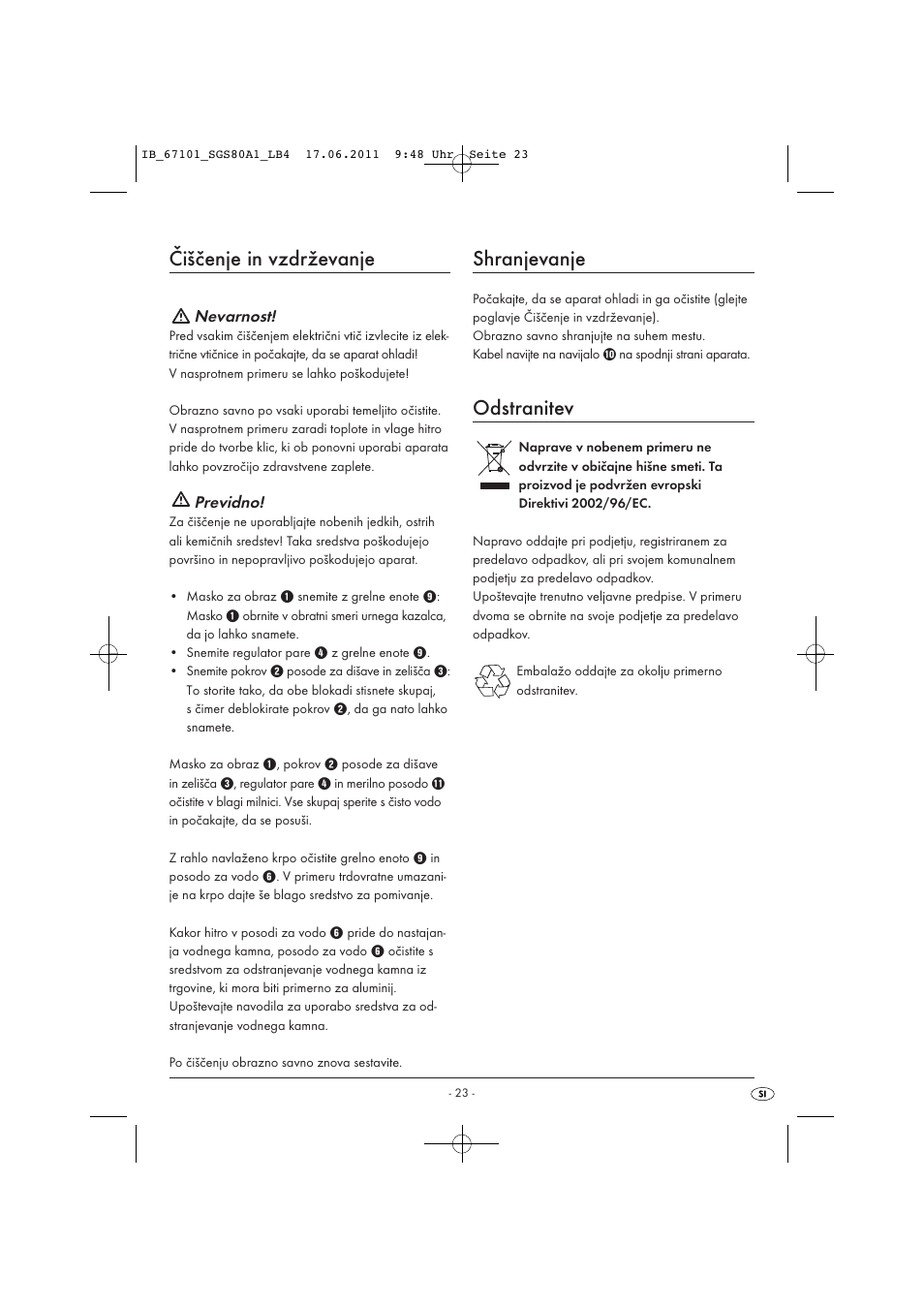 Čiščenje in vzdrževanje, Shranjevanje, Odstranitev | Silvercrest SGS 80 A1 User Manual | Page 25 / 44
