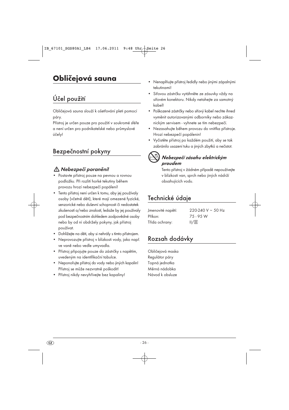 Obličejová sauna, Účel použití, Bezpečnostní pokyny | Technické údaje, Rozsah dodávky | Silvercrest SGS 80 A1 User Manual | Page 28 / 44