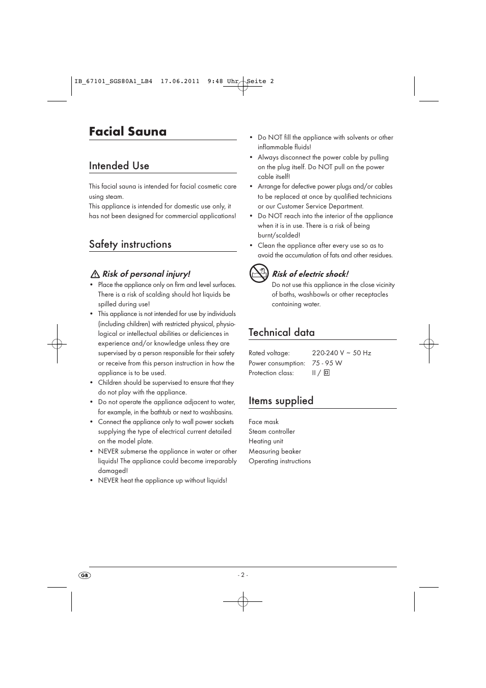 Facial sauna, Intended use, Safety instructions | Technical data, Items supplied | Silvercrest SGS 80 A1 User Manual | Page 4 / 44