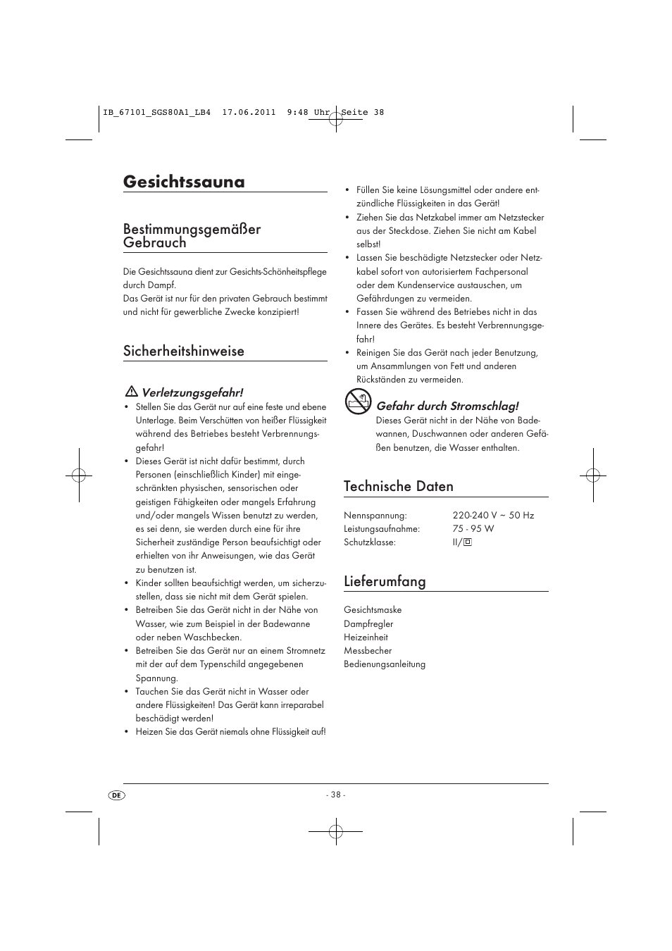 Gesichtssauna, Bestimmungsgemäßer gebrauch, Sicherheitshinweise | Technische daten, Lieferumfang | Silvercrest SGS 80 A1 User Manual | Page 40 / 44