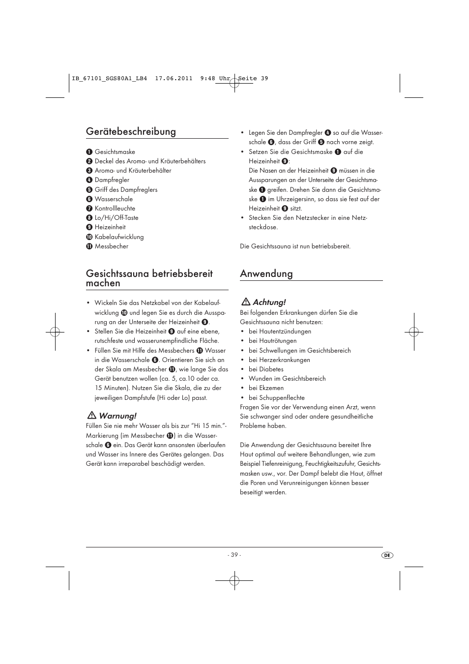Gerätebeschreibung, Gesichtssauna betriebsbereit machen, Anwendung | Warnung, Achtung | Silvercrest SGS 80 A1 User Manual | Page 41 / 44