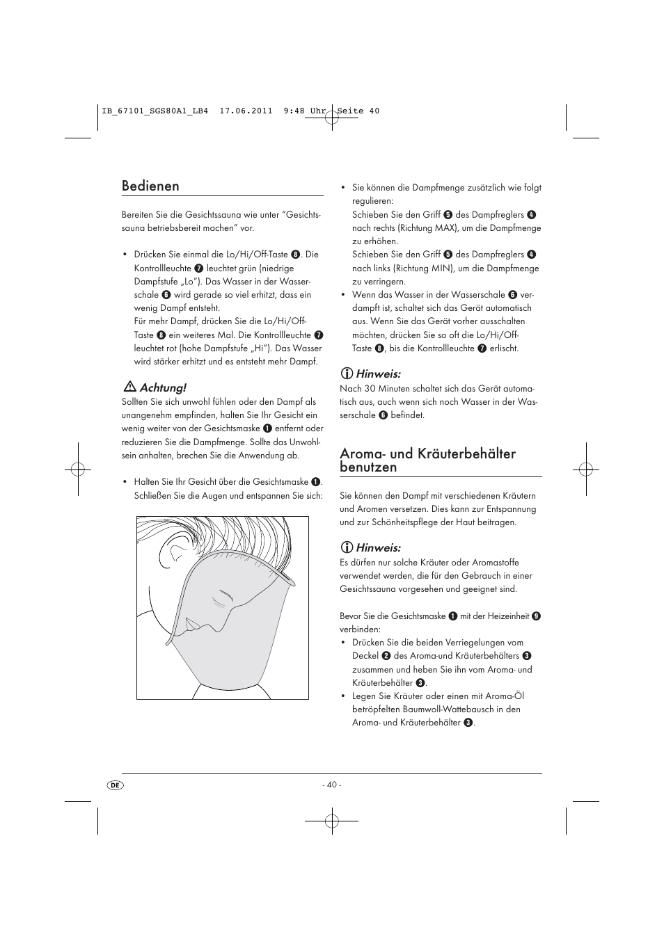 Bedienen, Aroma- und kräuterbehälter benutzen | Silvercrest SGS 80 A1 User Manual | Page 42 / 44