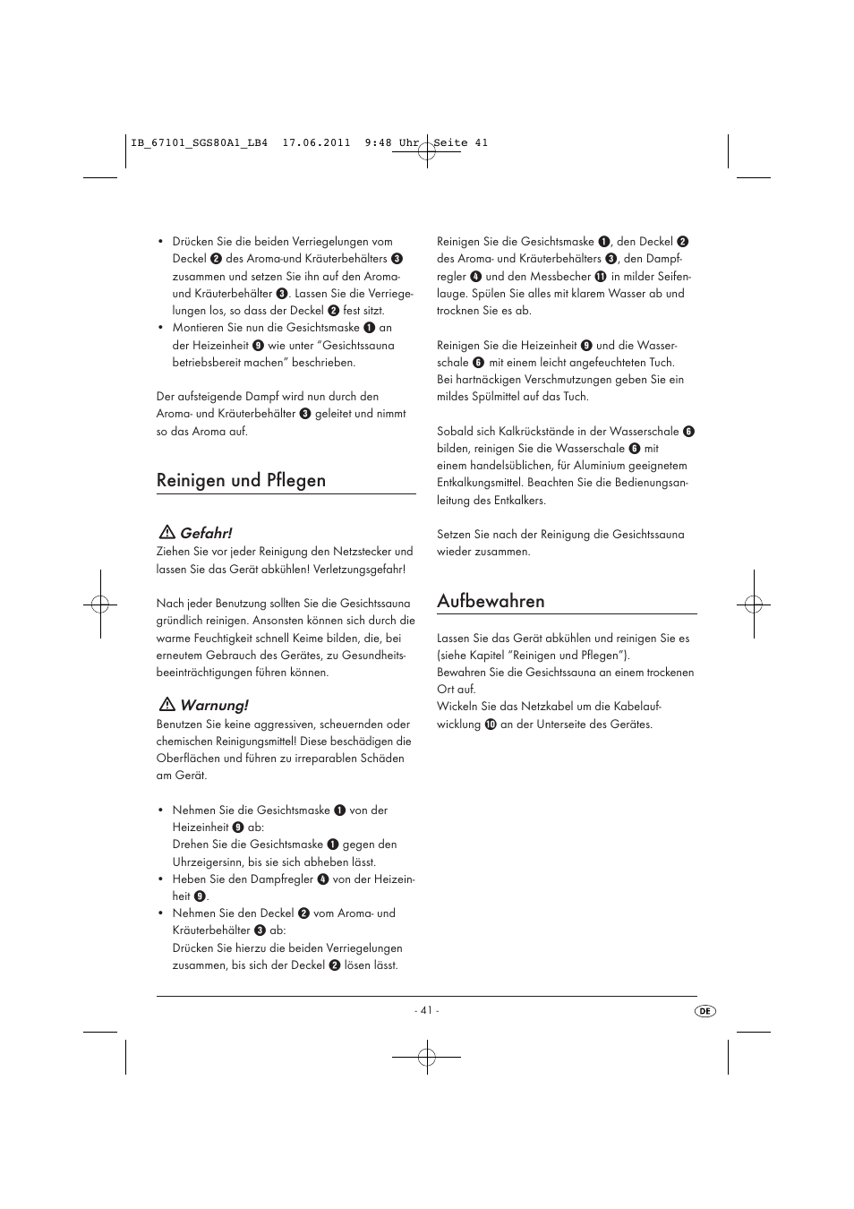 Reinigen und pflegen, Aufbewahren, Gefahr | Warnung | Silvercrest SGS 80 A1 User Manual | Page 43 / 44