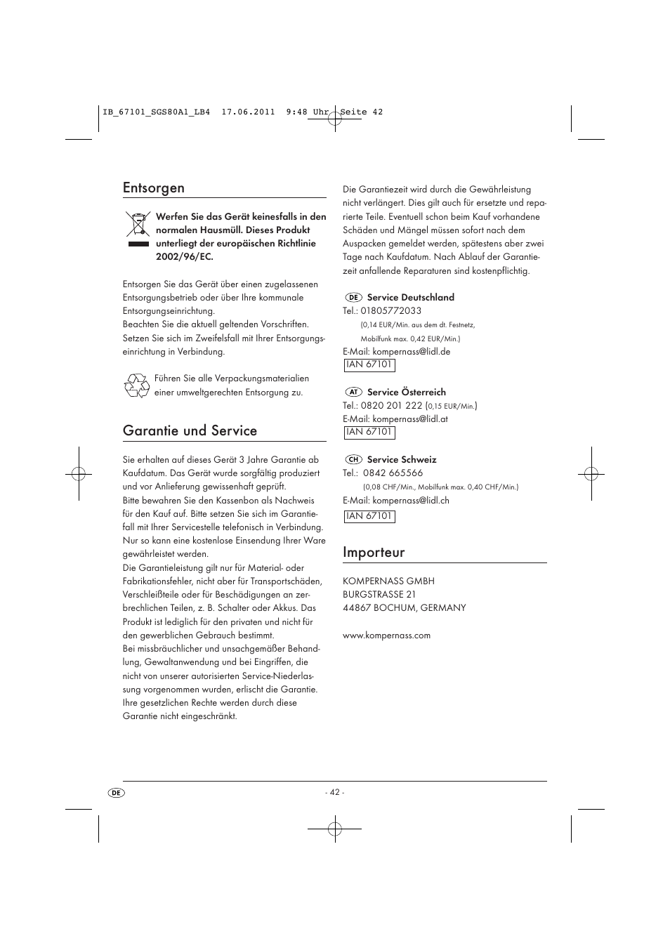 Entsorgen, Garantie und service, Importeur | Silvercrest SGS 80 A1 User Manual | Page 44 / 44