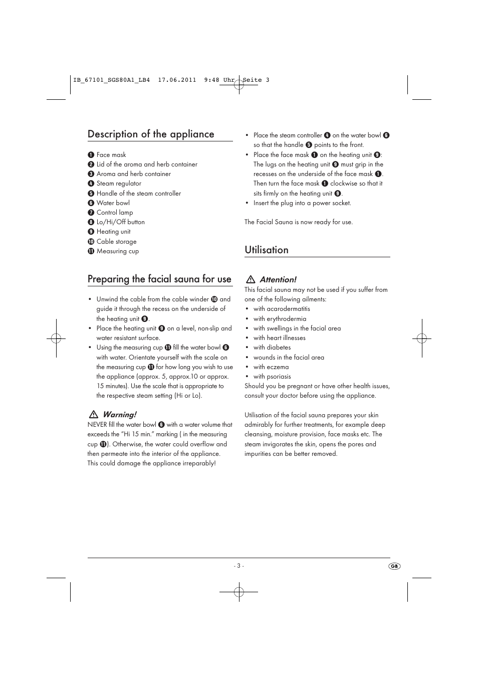 Description of the appliance, Preparing the facial sauna for use, Utilisation | Warning, Attention | Silvercrest SGS 80 A1 User Manual | Page 5 / 44