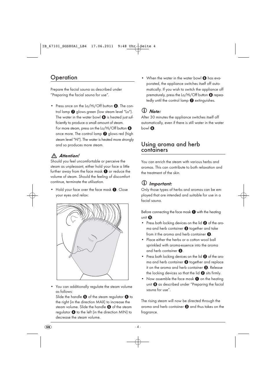 Operation, Using aroma and herb containers, Attention | Important | Silvercrest SGS 80 A1 User Manual | Page 6 / 44