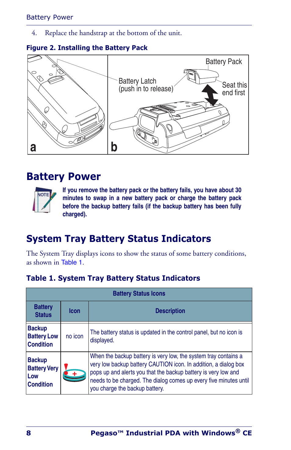 Battery power, System tray battery status indicators | Datalogic Scanning Industrial PDA User Manual | Page 10 / 68