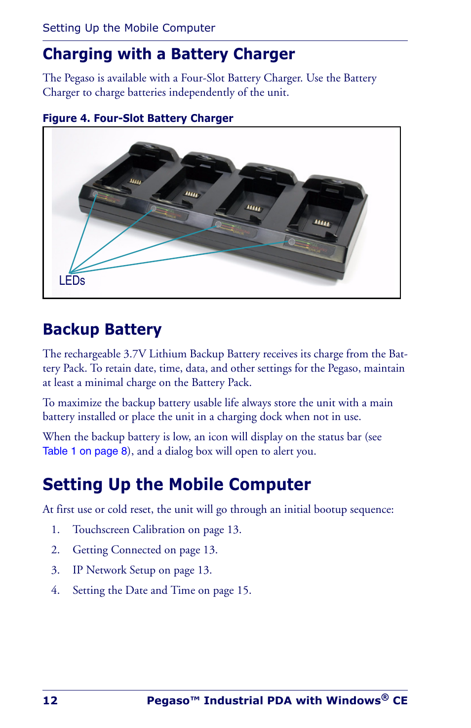 Charging with a battery charger, Backup battery, Setting up the mobile computer | Charging with a battery charger backup battery | Datalogic Scanning Industrial PDA User Manual | Page 14 / 68