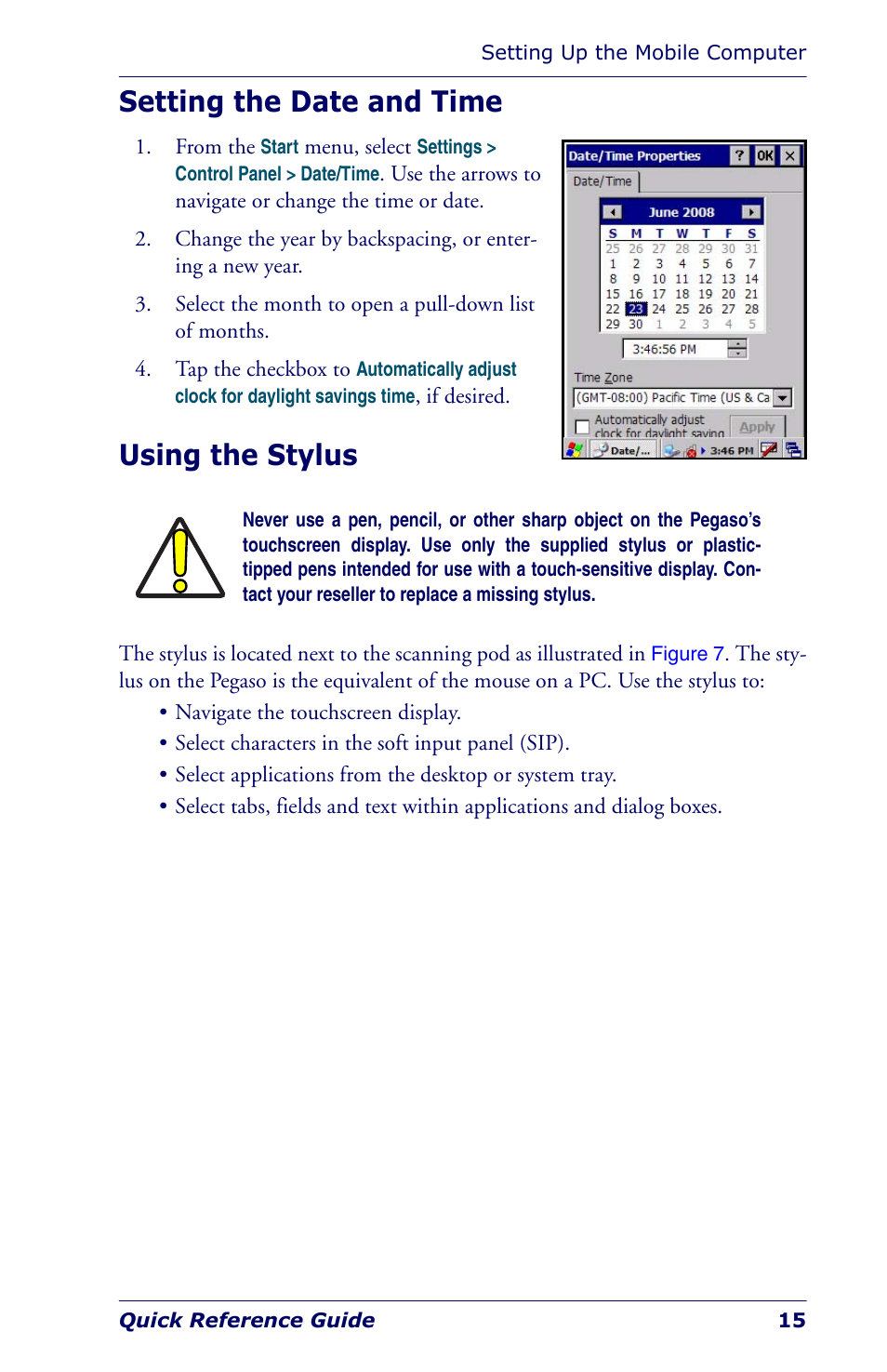 Setting the date and time, Using the stylus, Setting the date and time using the stylus | Datalogic Scanning Industrial PDA User Manual | Page 17 / 68
