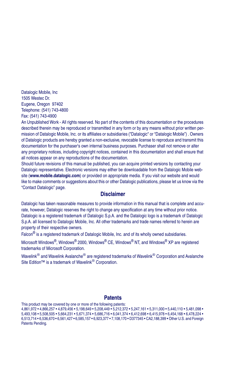 Disclaimer, Patents | Datalogic Scanning Industrial PDA User Manual | Page 2 / 68