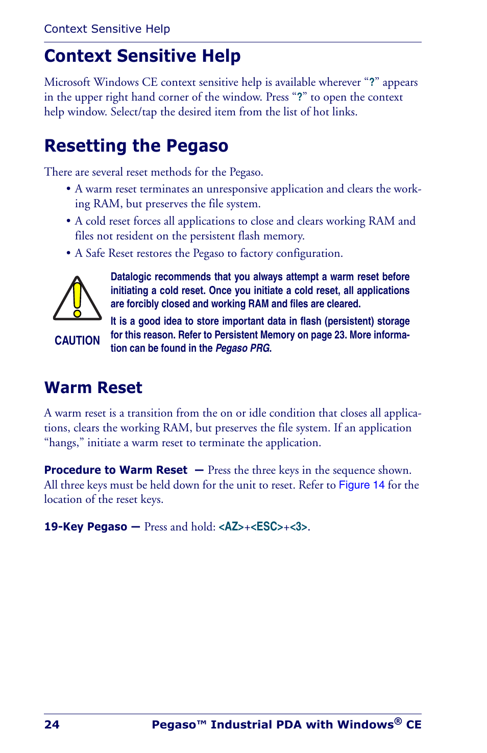 Context sensitive help, Resetting the pegaso, Warm reset | Context sensitive help resetting the pegaso | Datalogic Scanning Industrial PDA User Manual | Page 26 / 68