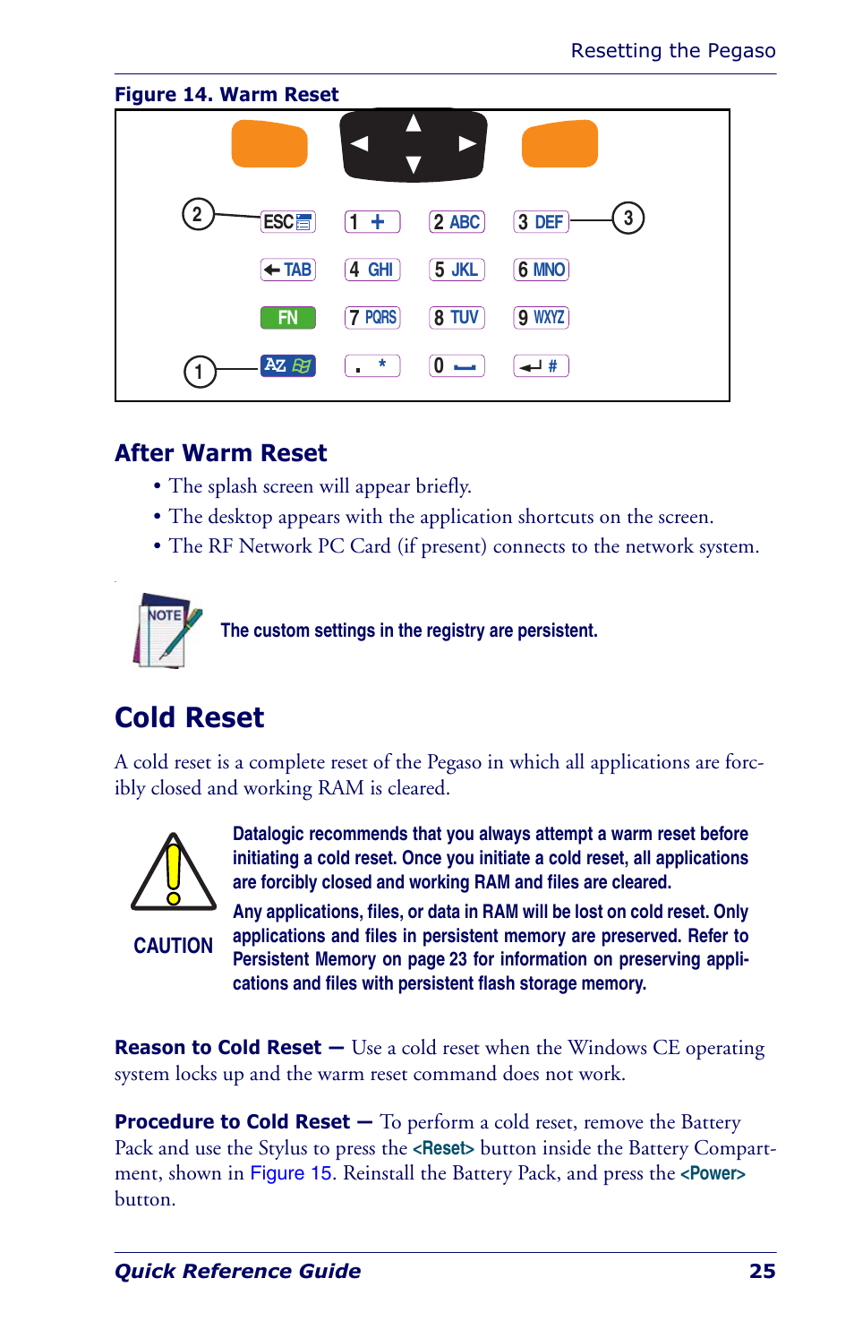 After warm reset, Cold reset | Datalogic Scanning Industrial PDA User Manual | Page 27 / 68