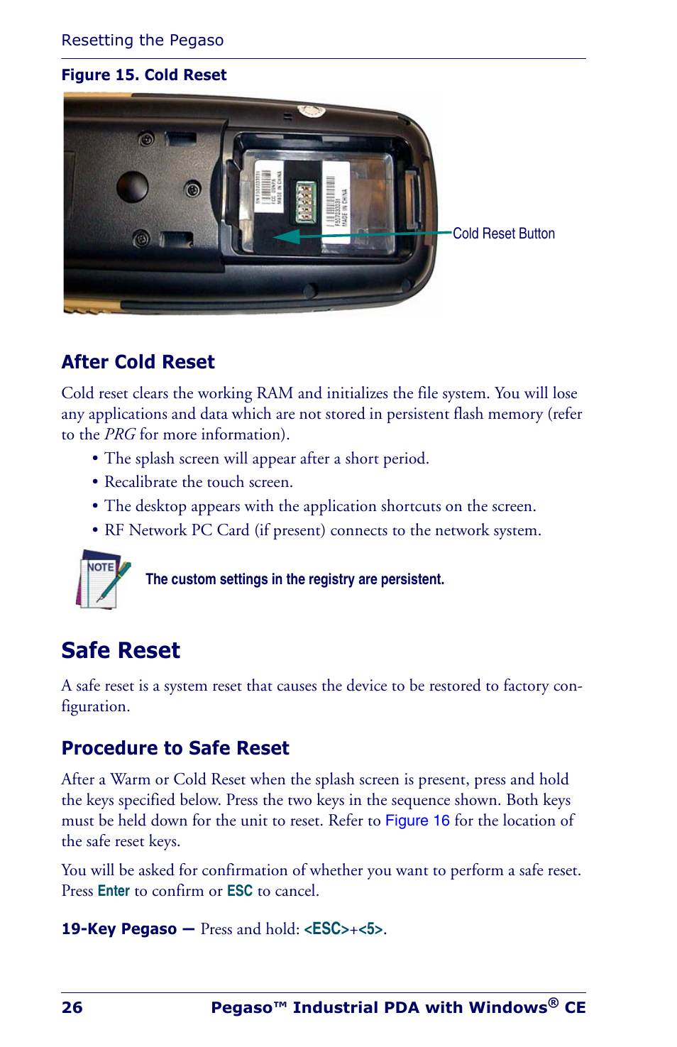 After cold reset, Safe reset, Procedure to safe reset | N in, Figure 15 | Datalogic Scanning Industrial PDA User Manual | Page 28 / 68