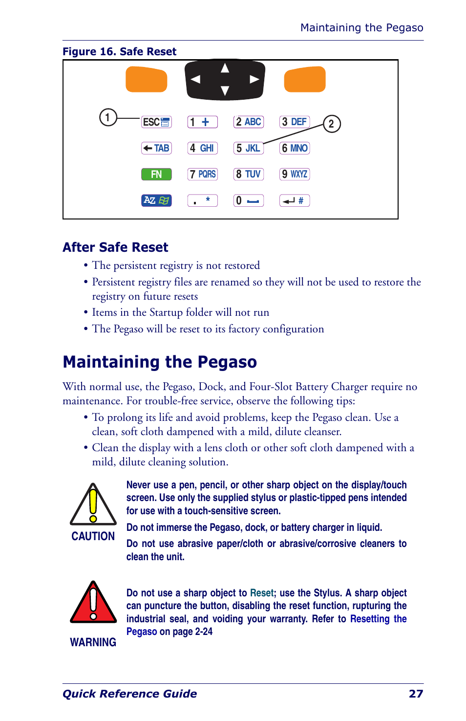 After safe reset, Maintaining the pegaso | Datalogic Scanning Industrial PDA User Manual | Page 29 / 68