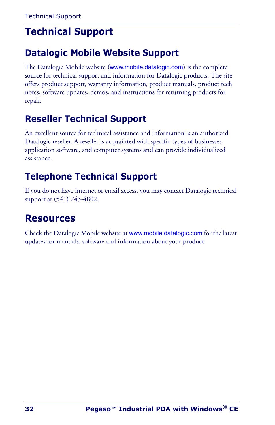 Technical support, Datalogic mobile website support, Reseller technical support | Telephone technical support, Resources | Datalogic Scanning Industrial PDA User Manual | Page 34 / 68