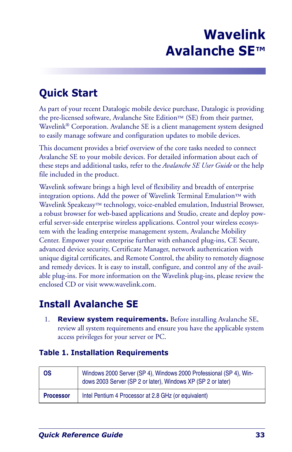 Wavelink avalanche se, Quick start, Install avalanche se | Datalogic Scanning Industrial PDA User Manual | Page 35 / 68
