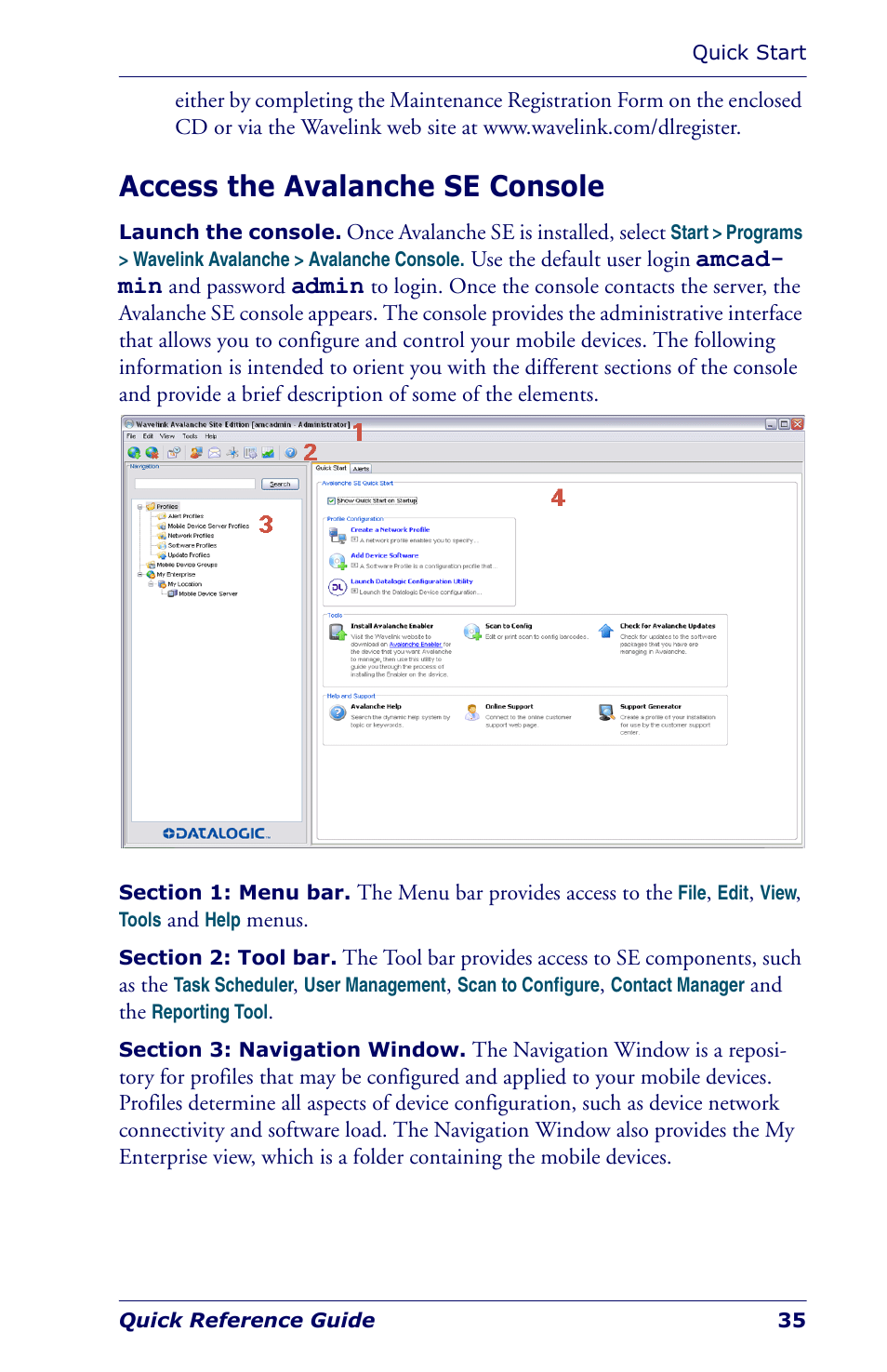 Access the avalanche se console, Amcad- min, Admin | Datalogic Scanning Industrial PDA User Manual | Page 37 / 68