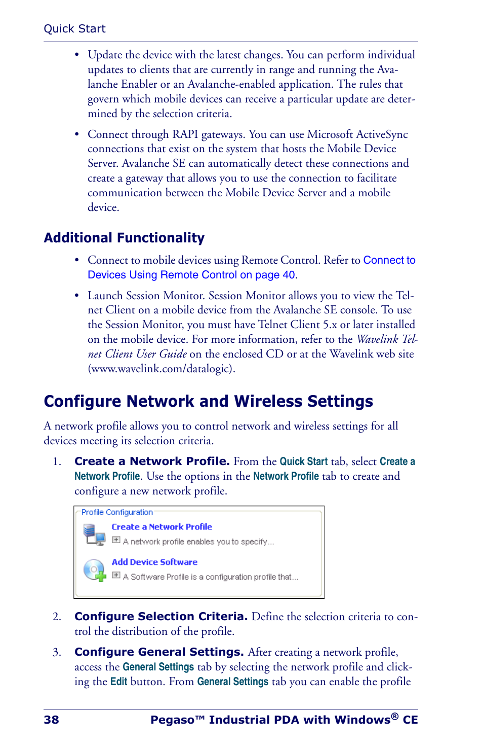 Additional functionality, Configure network and wireless settings | Datalogic Scanning Industrial PDA User Manual | Page 40 / 68