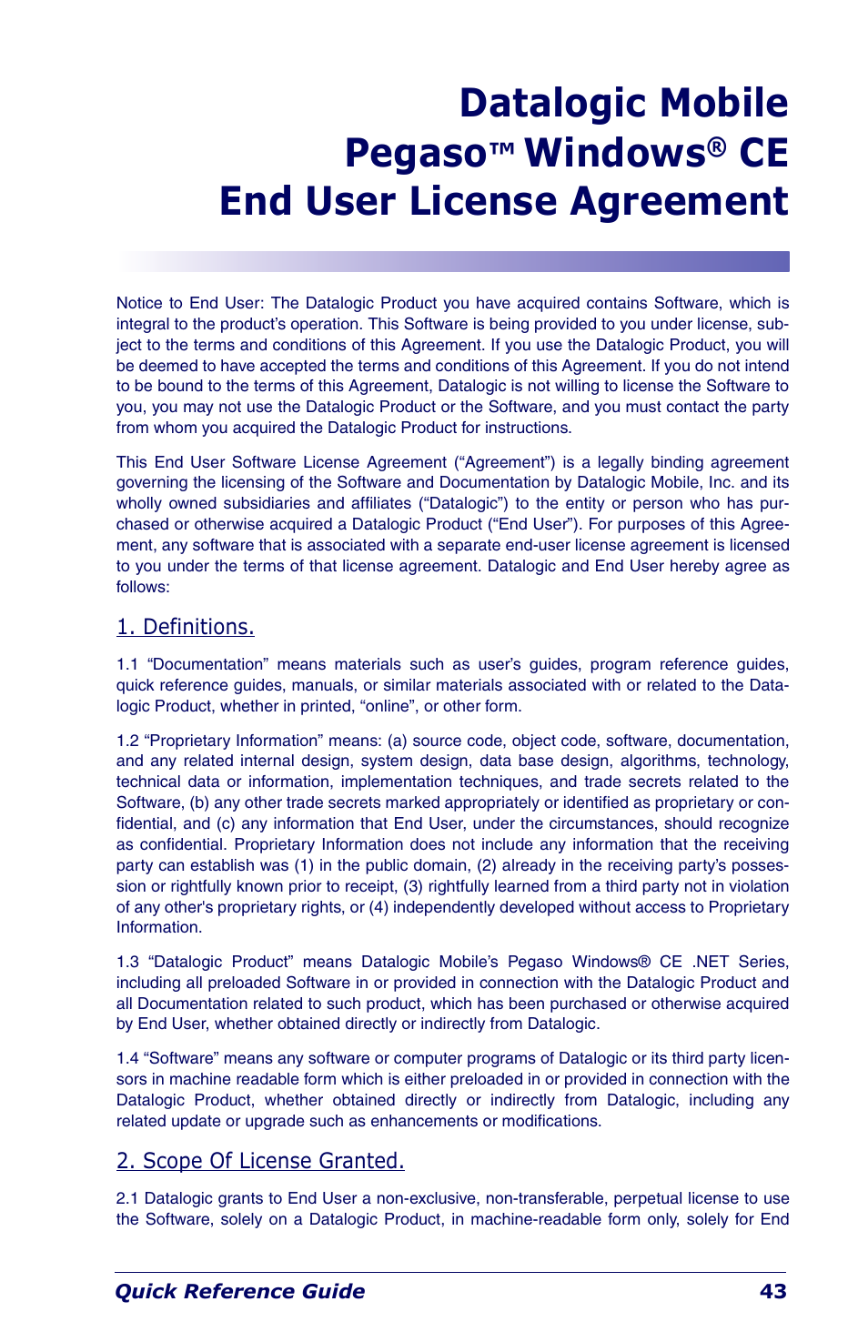 Datalogic mobile pegaso, Windows, Ce end user license agreement | Datalogic Scanning Industrial PDA User Manual | Page 45 / 68