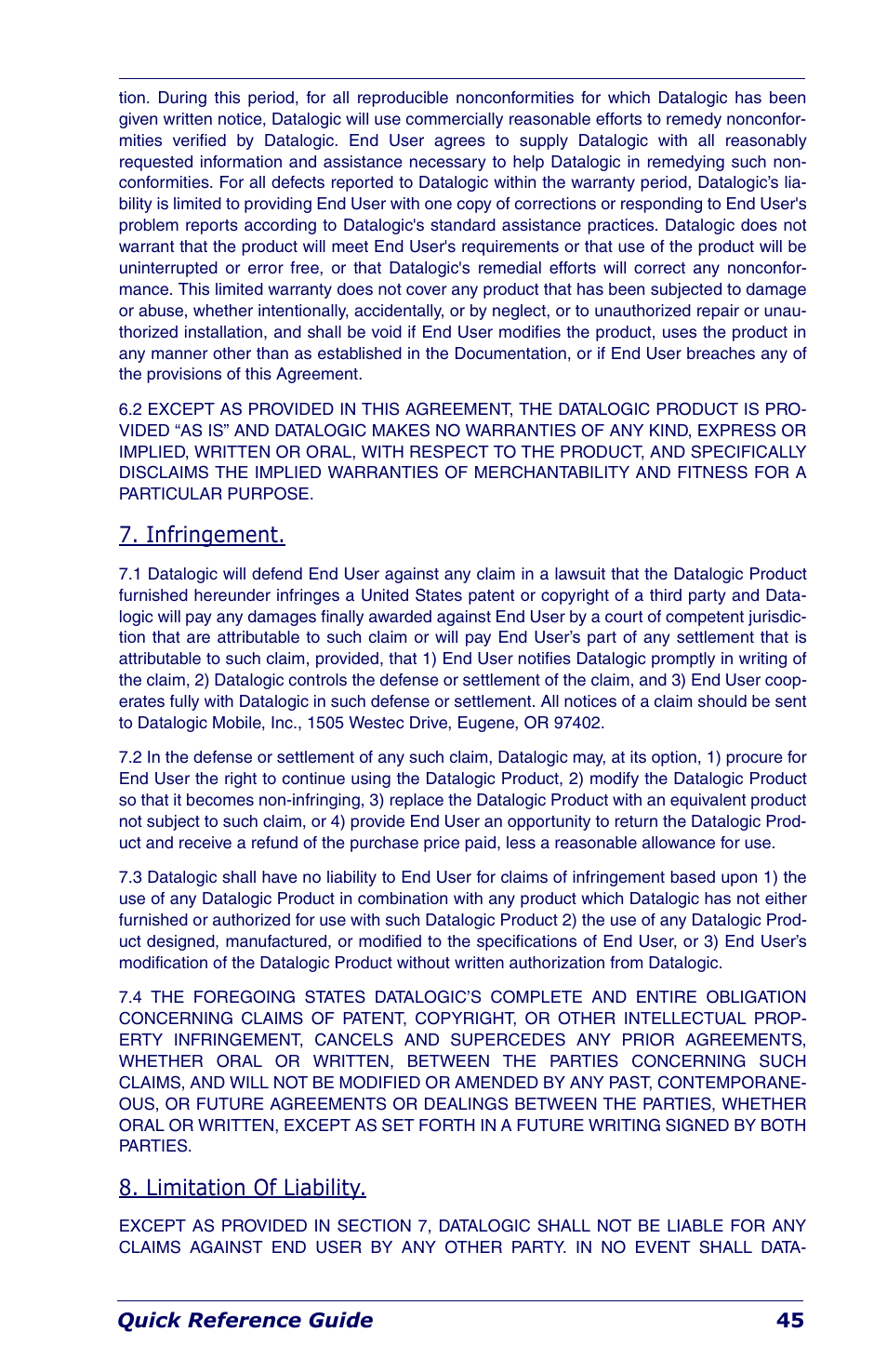 Infringement, Limitation of liability | Datalogic Scanning Industrial PDA User Manual | Page 47 / 68