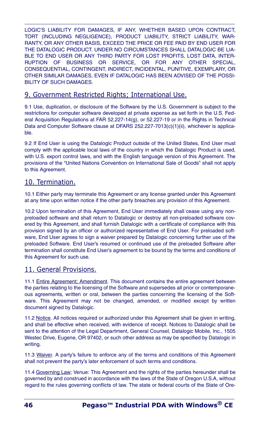 Government restricted rights; international use, Termination, General provisions | Datalogic Scanning Industrial PDA User Manual | Page 48 / 68