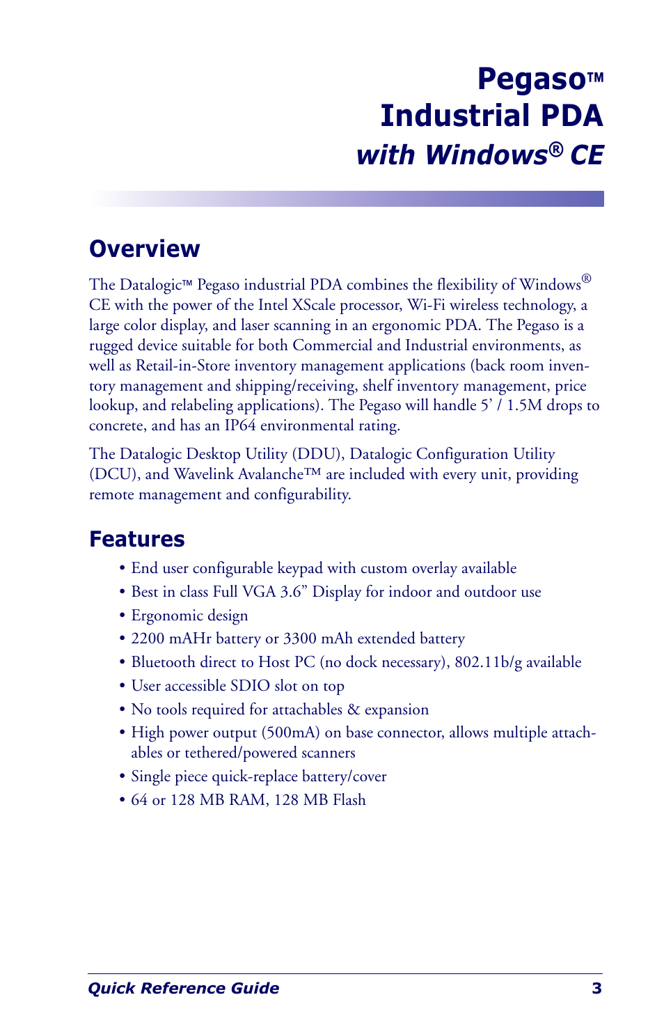 Pegaso™ industrial pda with windows® ce, Overview, Features | Pegaso™ industrial pda with windows, Pegaso, Industrial pda, With windows | Datalogic Scanning Industrial PDA User Manual | Page 5 / 68