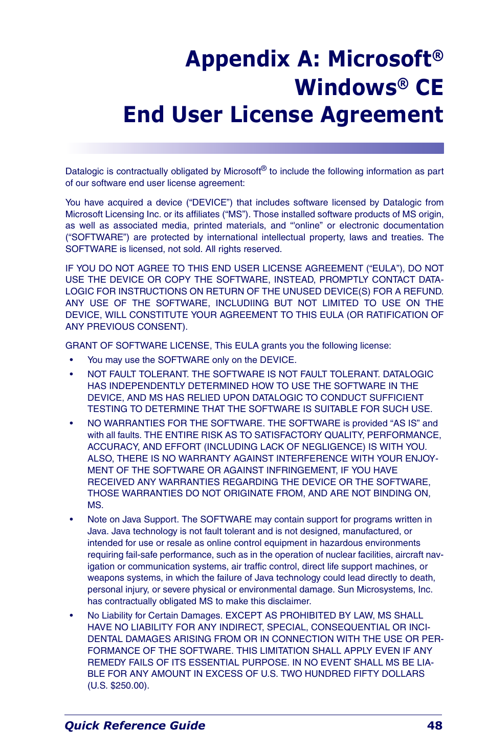 Appendix a: microsoft, Windows, Ce end user license agreement | Datalogic Scanning Industrial PDA User Manual | Page 50 / 68