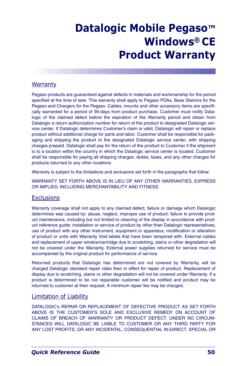 Datalogic mobile pegaso™ windows, Datalogic mobile pegaso, Windows | Ce product warranty | Datalogic Scanning Industrial PDA User Manual | Page 52 / 68