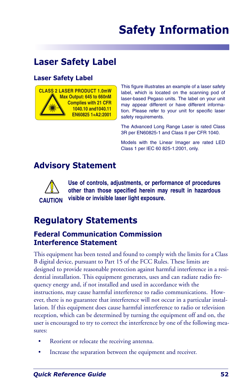 Safety information, Laser safety label, Advisory statement | Regulatory statements | Datalogic Scanning Industrial PDA User Manual | Page 54 / 68