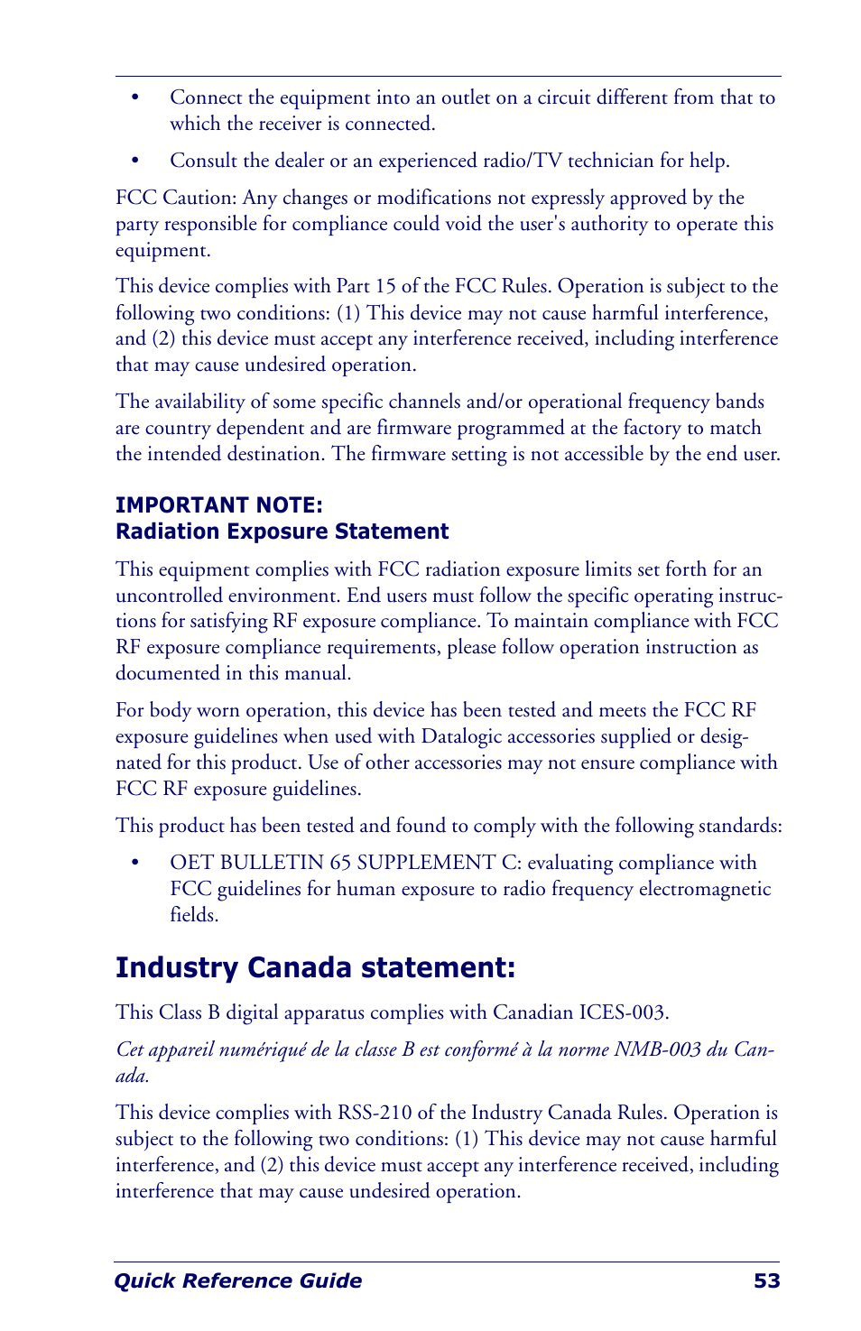 Industry canada statement | Datalogic Scanning Industrial PDA User Manual | Page 55 / 68