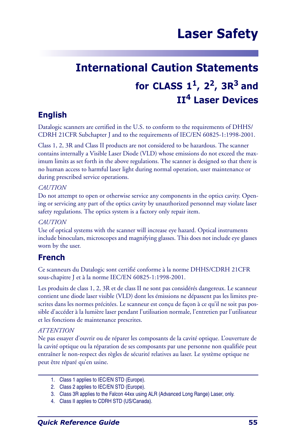 Laser safety, English, French | English french, International caution statements, For class 1, And ii, Laser devices | Datalogic Scanning Industrial PDA User Manual | Page 57 / 68