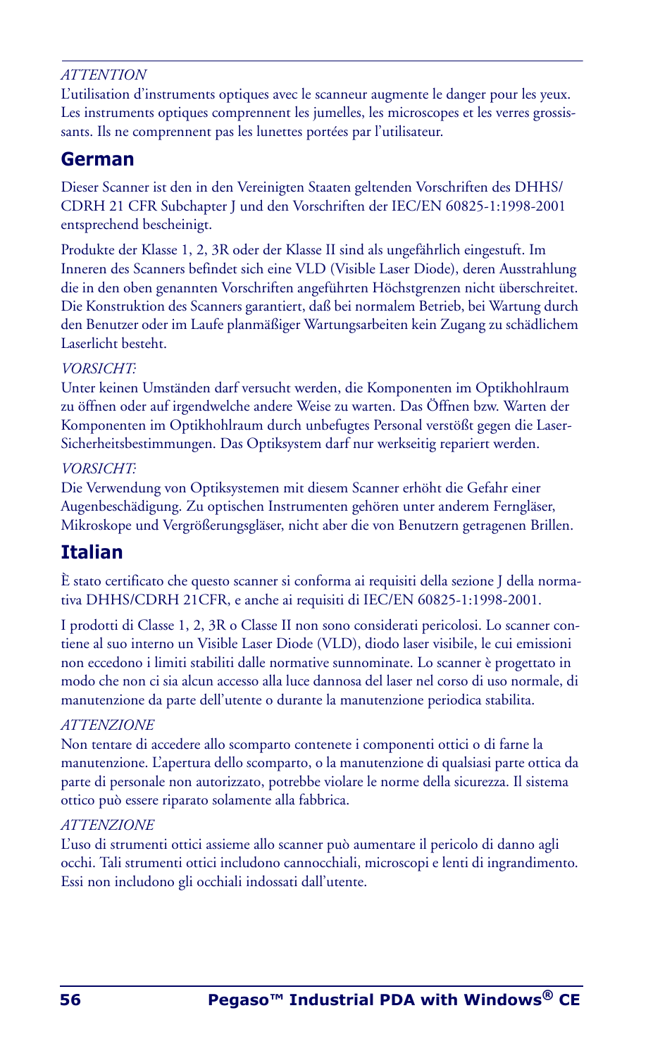 German, Italian, German italian | Datalogic Scanning Industrial PDA User Manual | Page 58 / 68