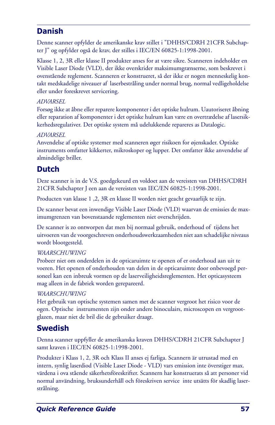 Danish, Dutch, Swedish | Danish dutch swedish | Datalogic Scanning Industrial PDA User Manual | Page 59 / 68