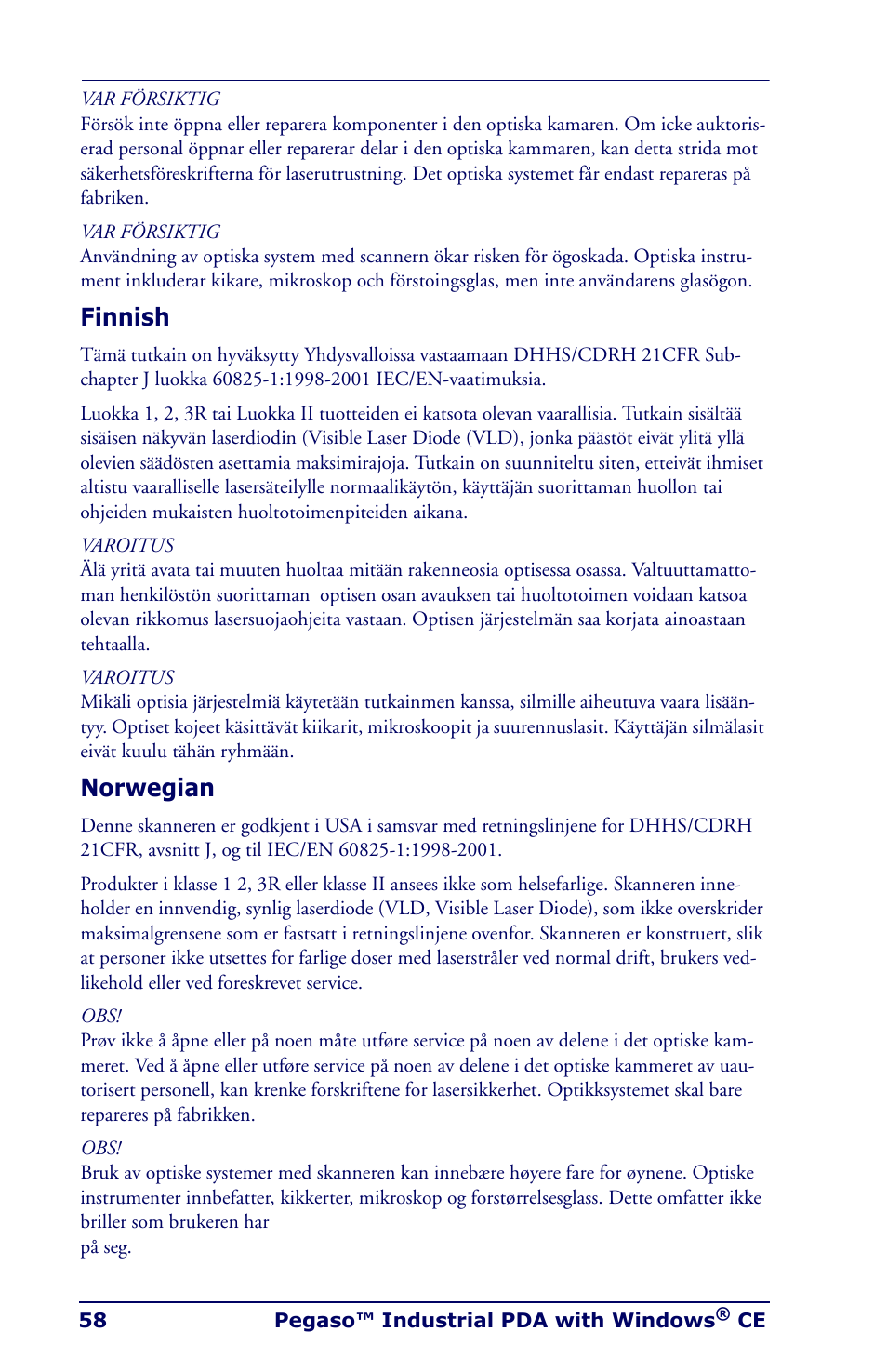 Finnish, Norwegian, Finnish norwegian | Datalogic Scanning Industrial PDA User Manual | Page 60 / 68