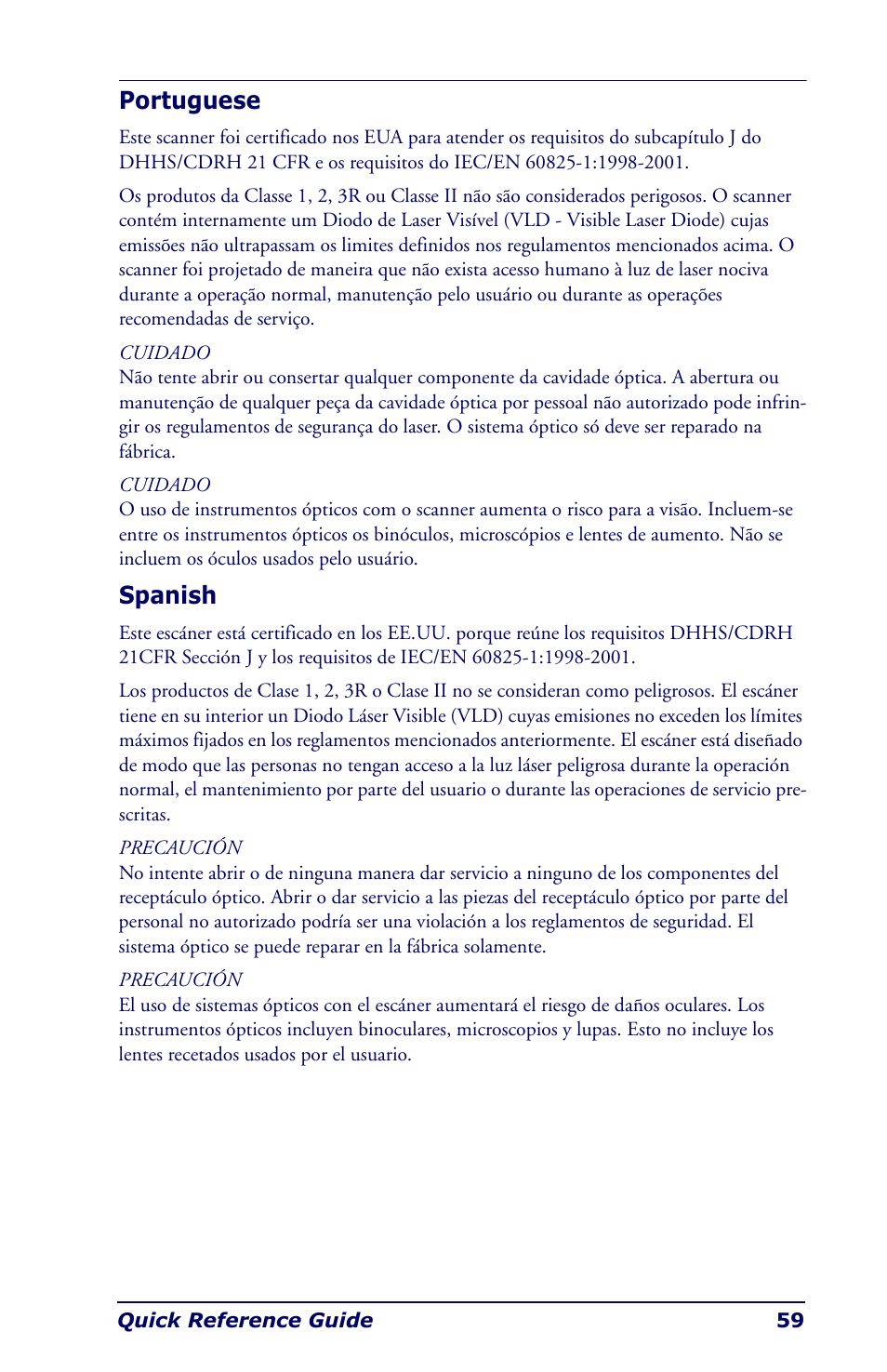 Portuguese, Spanish, Portuguese spanish | Datalogic Scanning Industrial PDA User Manual | Page 61 / 68
