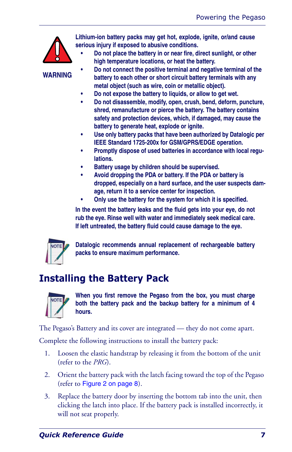 Installing the battery pack | Datalogic Scanning Industrial PDA User Manual | Page 9 / 68