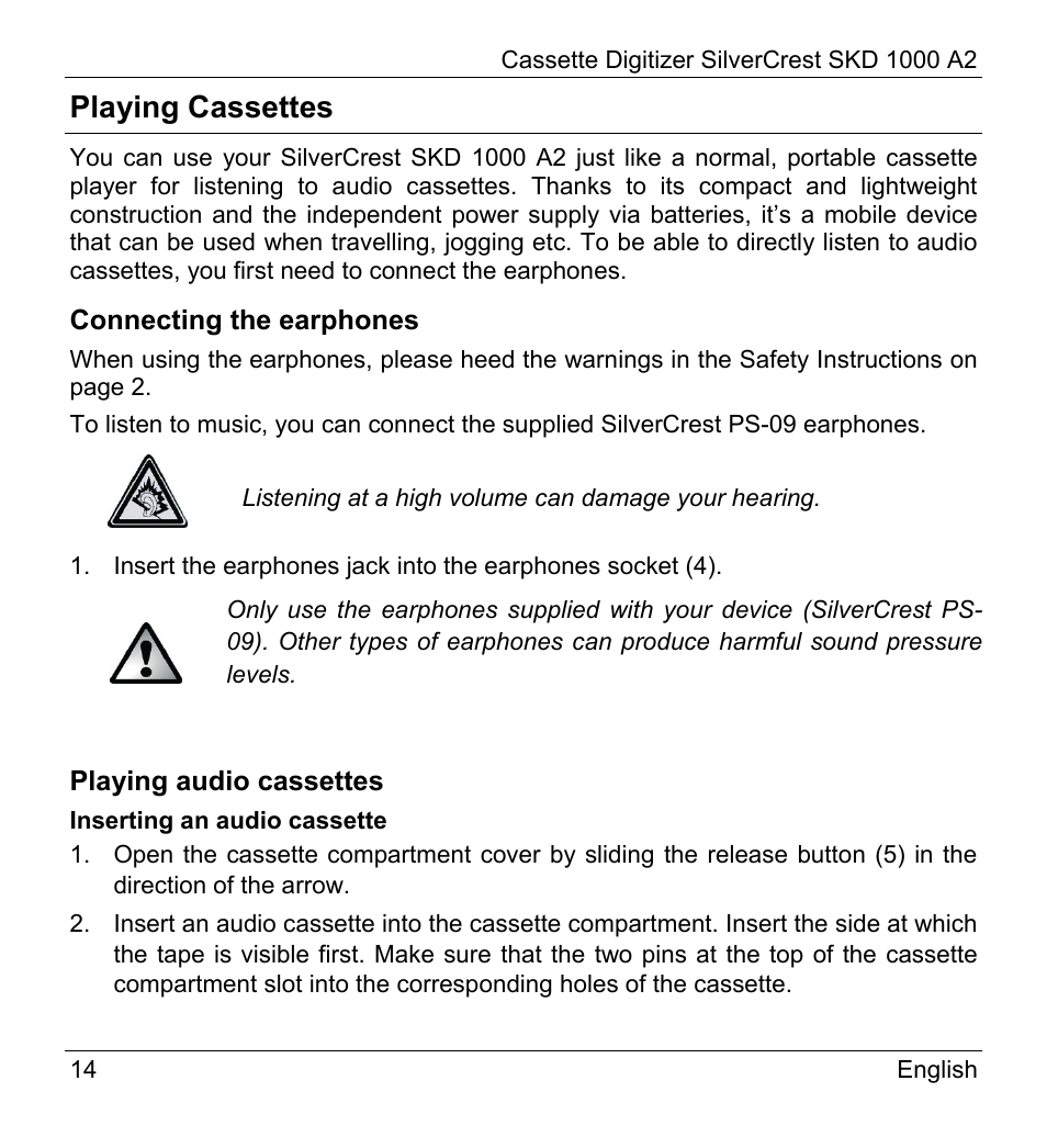 Playing cassettes | Silvercrest SKD 1000 A2 User Manual | Page 16 / 56