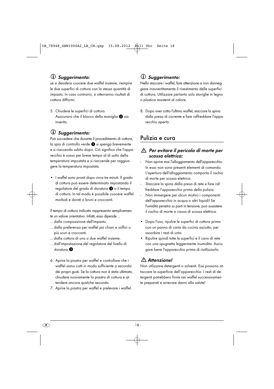 Pulizia e cura, Suggerimento, Attenzione | Silvercrest SBW 1000 A2 User Manual | Page 20 / 28