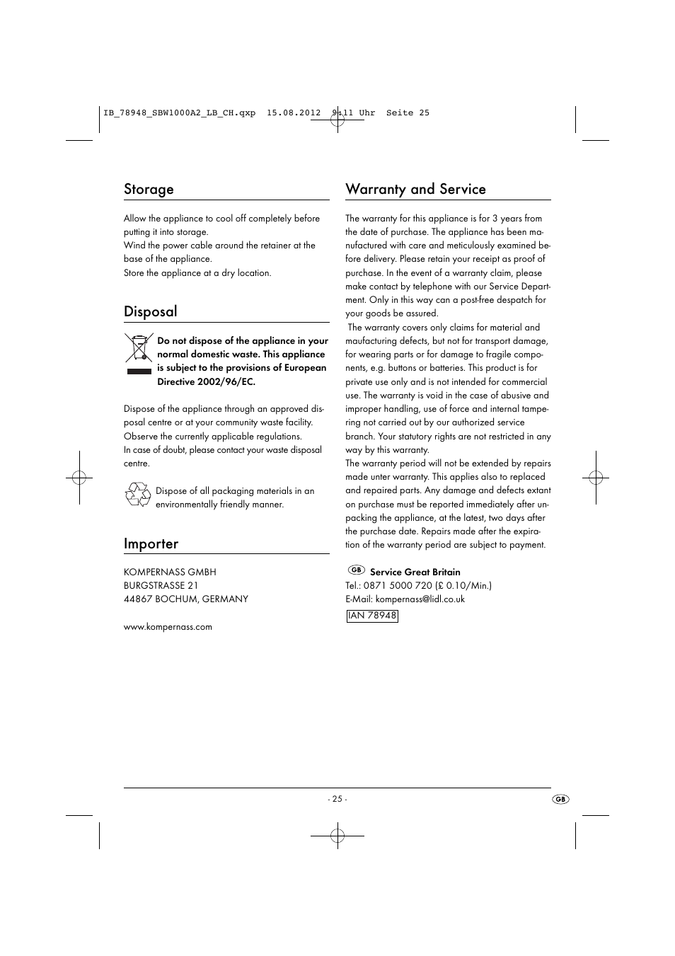 Storage, Disposal, Importer | Warranty and service | Silvercrest SBW 1000 A2 User Manual | Page 27 / 28