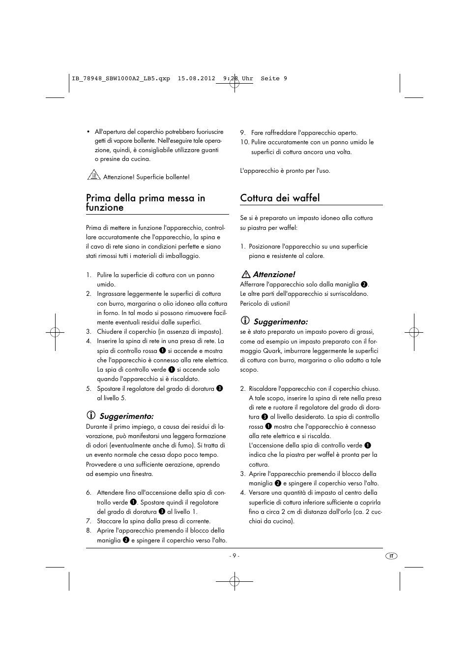 Prima della prima messa in funzione, Cottura dei waffel, Suggerimento | Attenzione | Silvercrest SBW 1000 A2 User Manual | Page 11 / 33