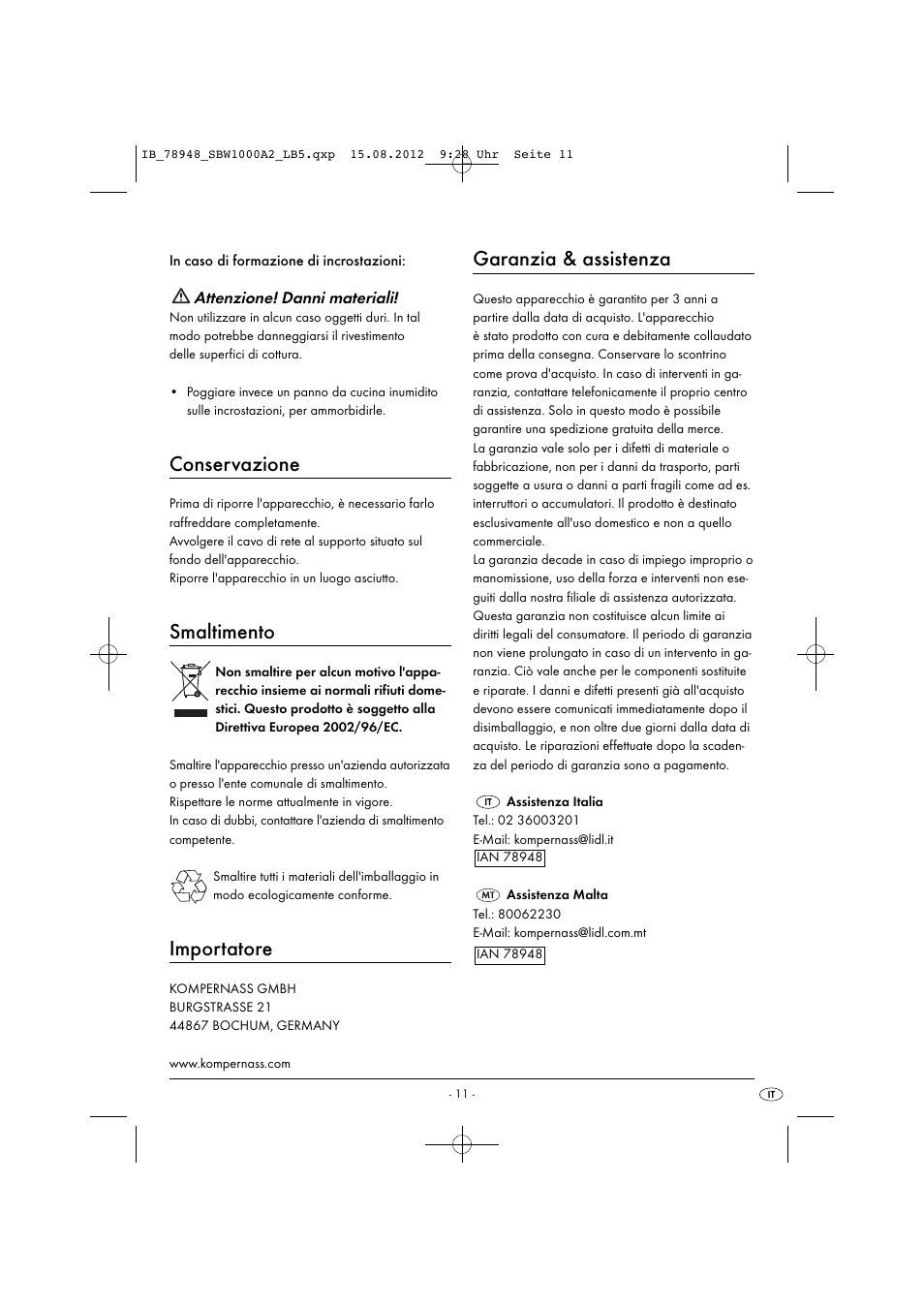 Conservazione, Smaltimento, Importatore | Garanzia & assistenza | Silvercrest SBW 1000 A2 User Manual | Page 13 / 33