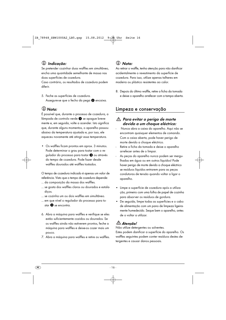 Limpeza e conservação, Indicação, Nota | Atenção | Silvercrest SBW 1000 A2 User Manual | Page 18 / 33