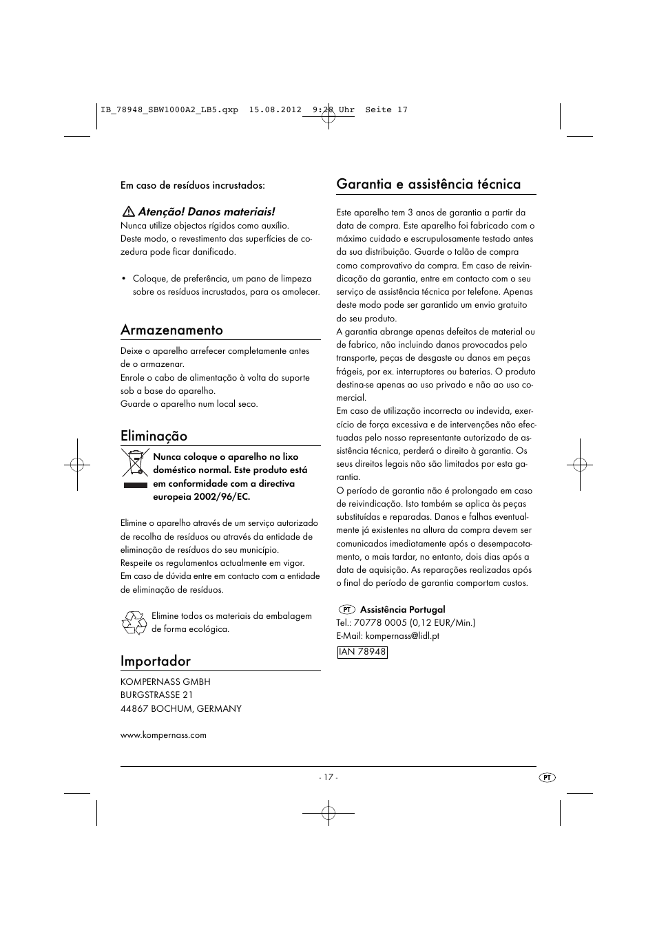 Armazenamento, Eliminação, Importador | Garantia e assistência técnica | Silvercrest SBW 1000 A2 User Manual | Page 19 / 33