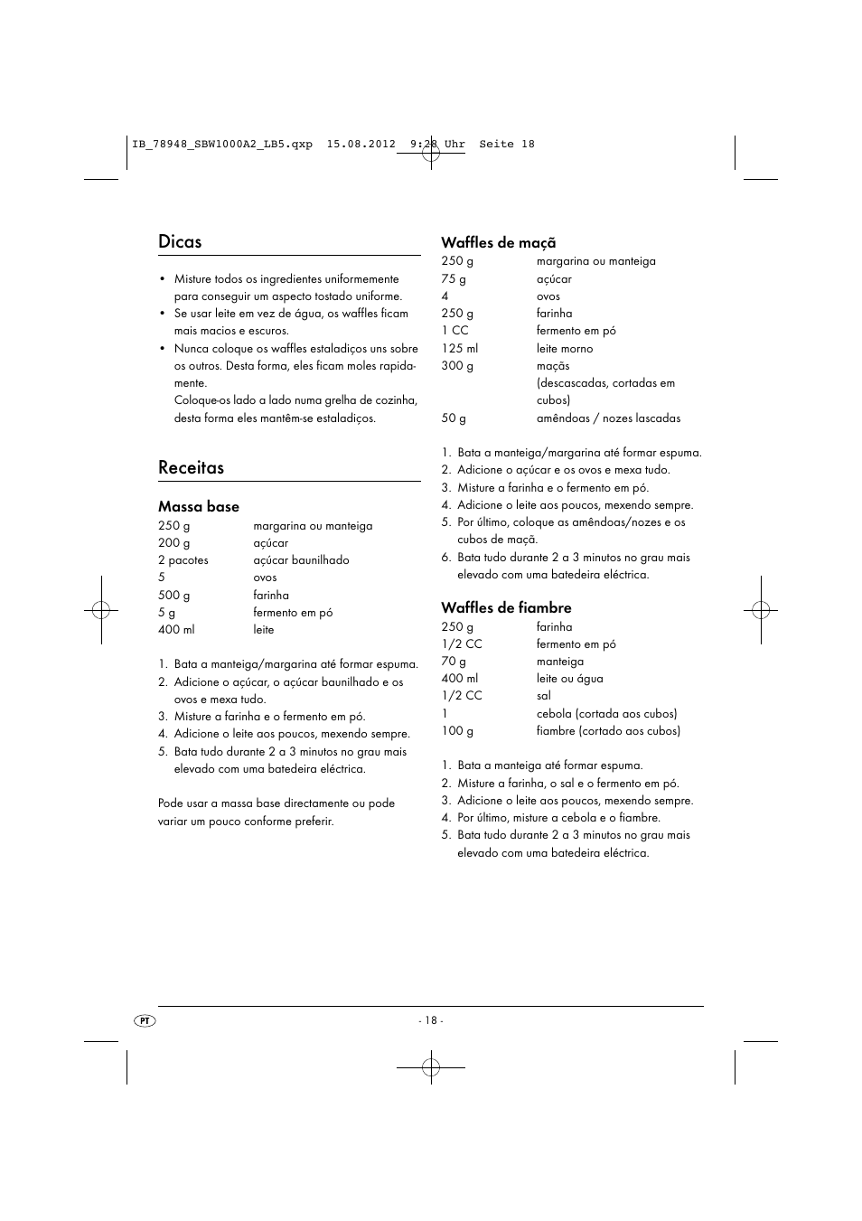 Dicas, Receitas, Massa base | Waffles de maçã, Waffles de fiambre | Silvercrest SBW 1000 A2 User Manual | Page 20 / 33