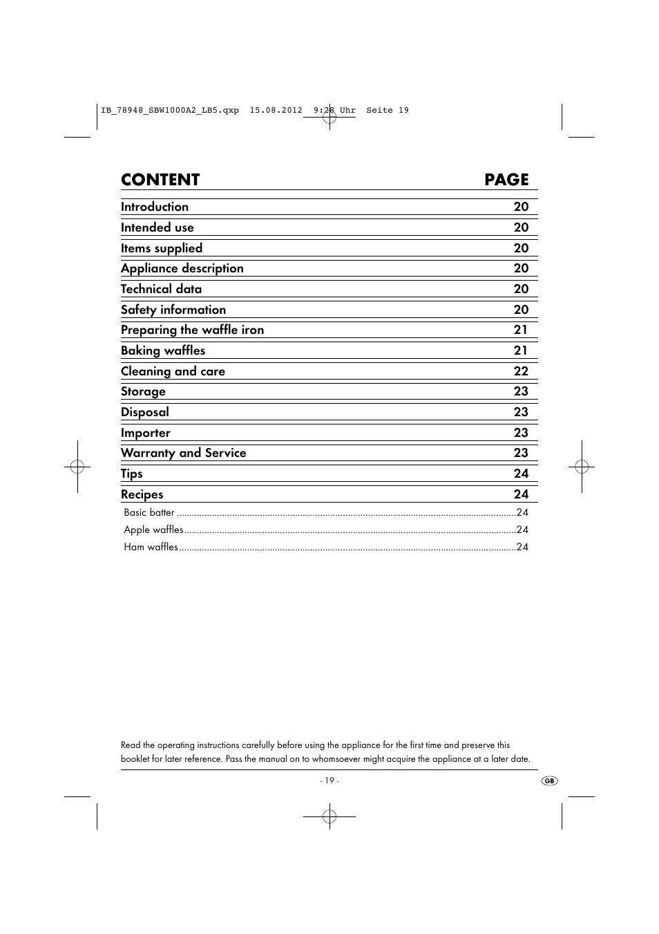 Content page | Silvercrest SBW 1000 A2 User Manual | Page 21 / 33