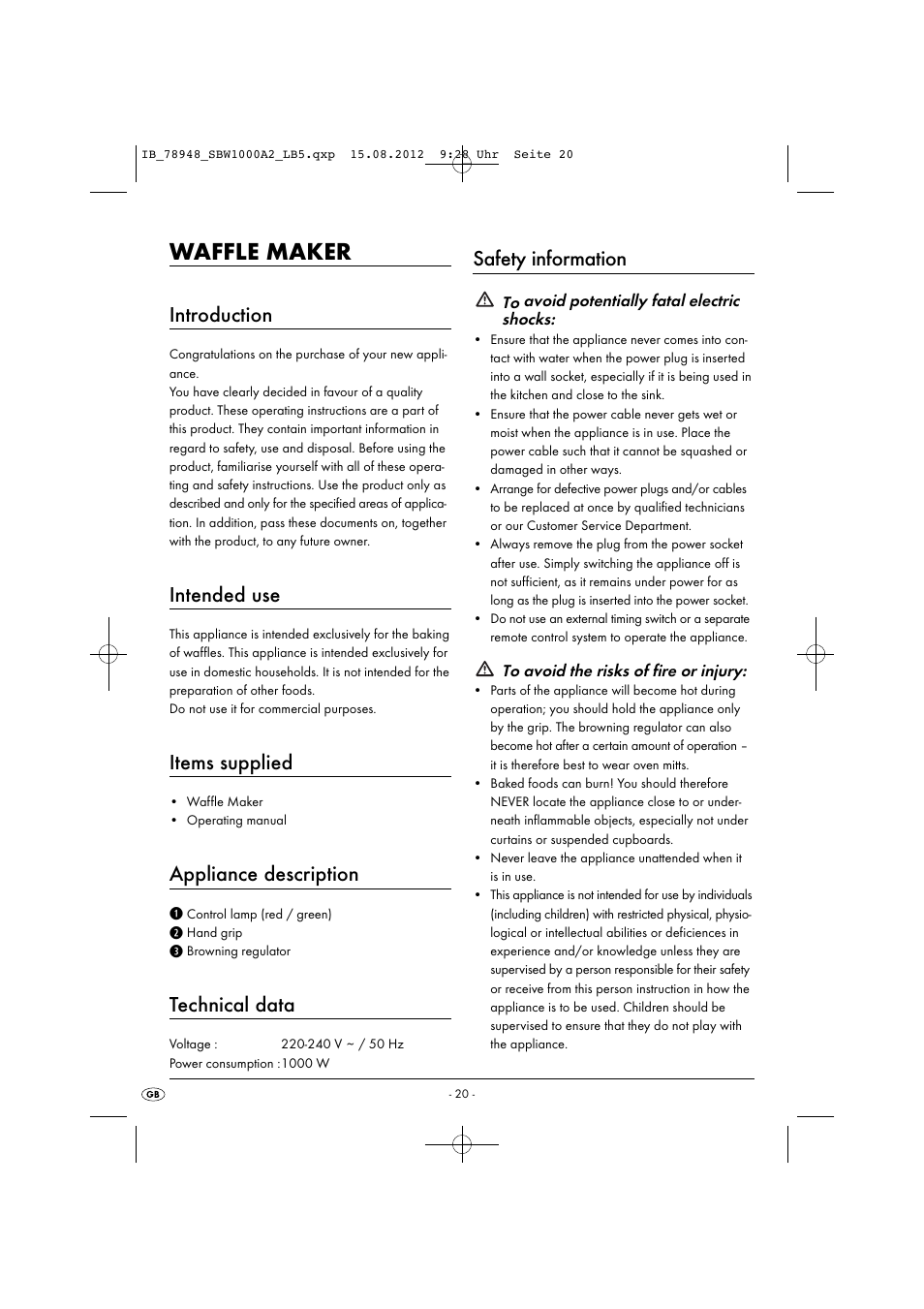 Waffle maker, Introduction, Intended use | Items supplied, Appliance description, Technical data, Safety information | Silvercrest SBW 1000 A2 User Manual | Page 22 / 33
