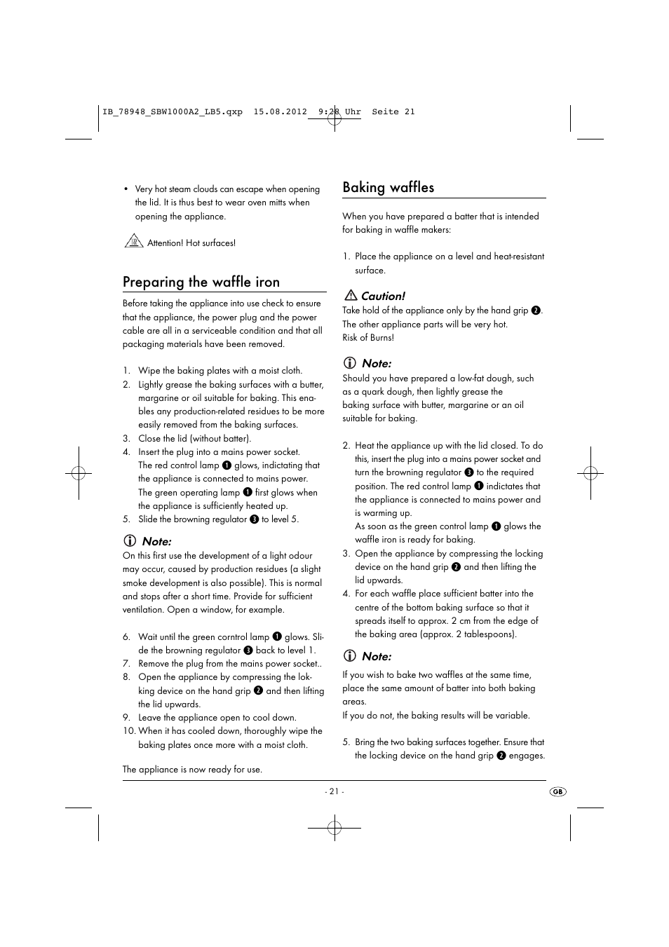 Preparing the waffle iron, Baking waffles, Caution | Silvercrest SBW 1000 A2 User Manual | Page 23 / 33