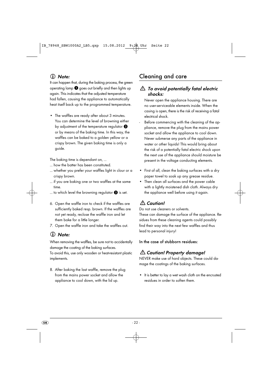 Cleaning and care, Caution, Caution! property damage | Silvercrest SBW 1000 A2 User Manual | Page 24 / 33