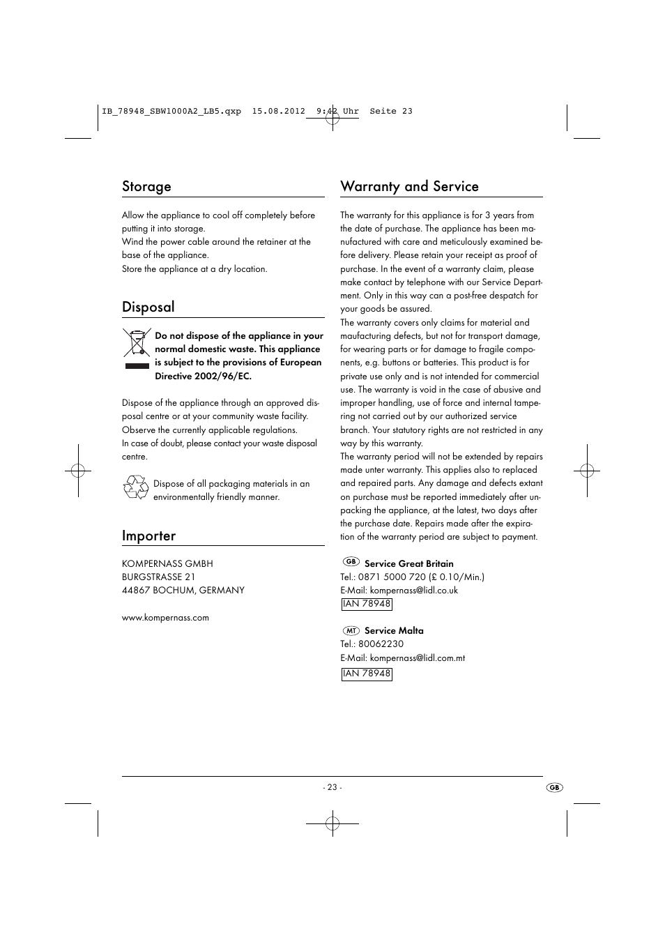 Storage, Disposal, Importer | Warranty and service | Silvercrest SBW 1000 A2 User Manual | Page 25 / 33